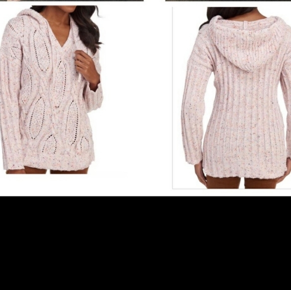 CUPIO | Hooded Cable Knit Hi/Lo Sugarplum Sweater - Picture 3 of 4